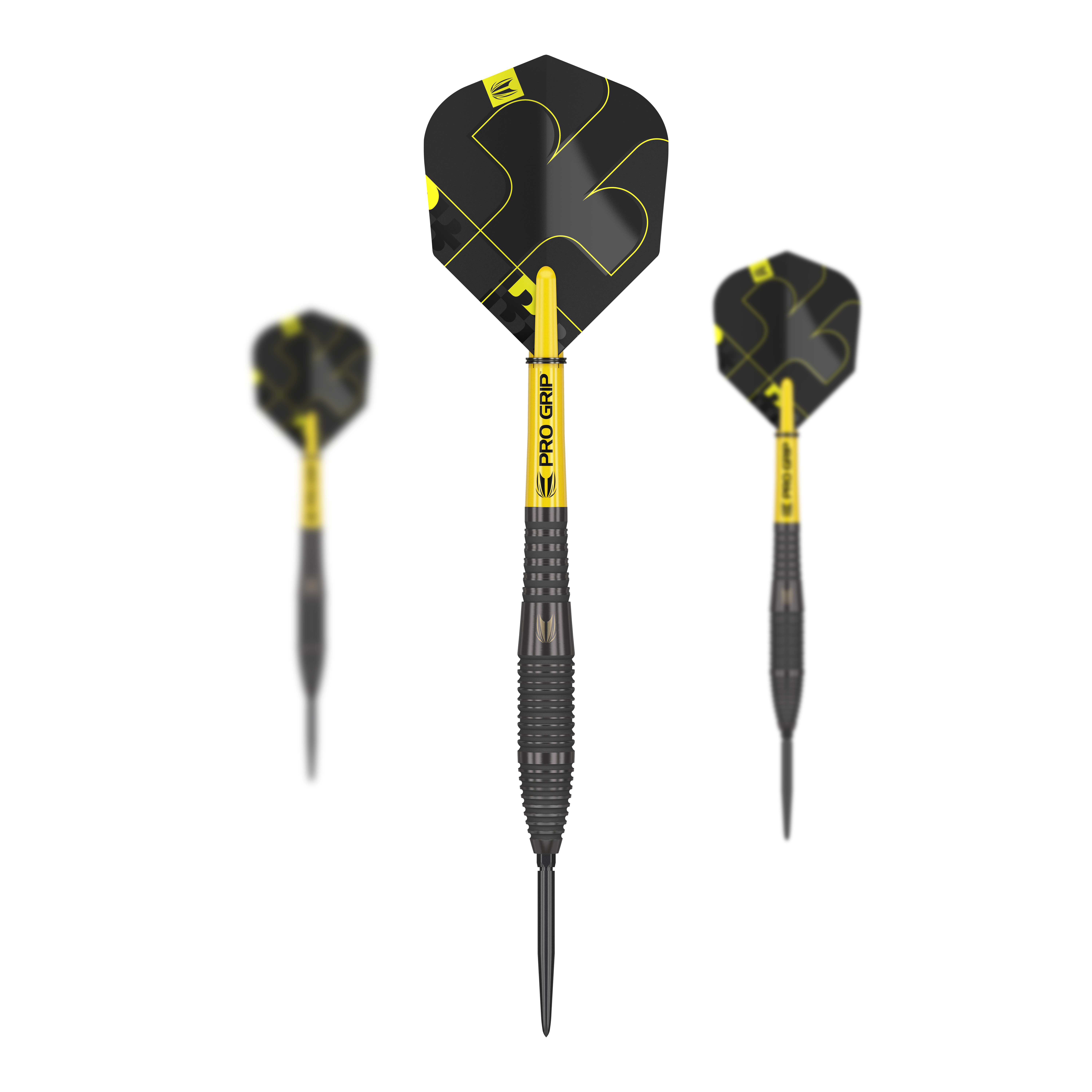 Das Bild zeigt drei Target Bolide Void 05 Swiss Point Steeldarts. Die Darts haben ein schwarzes Design mit gelben Akzenten und der Aufschrift "Pro Grip" auf dem Schaft.